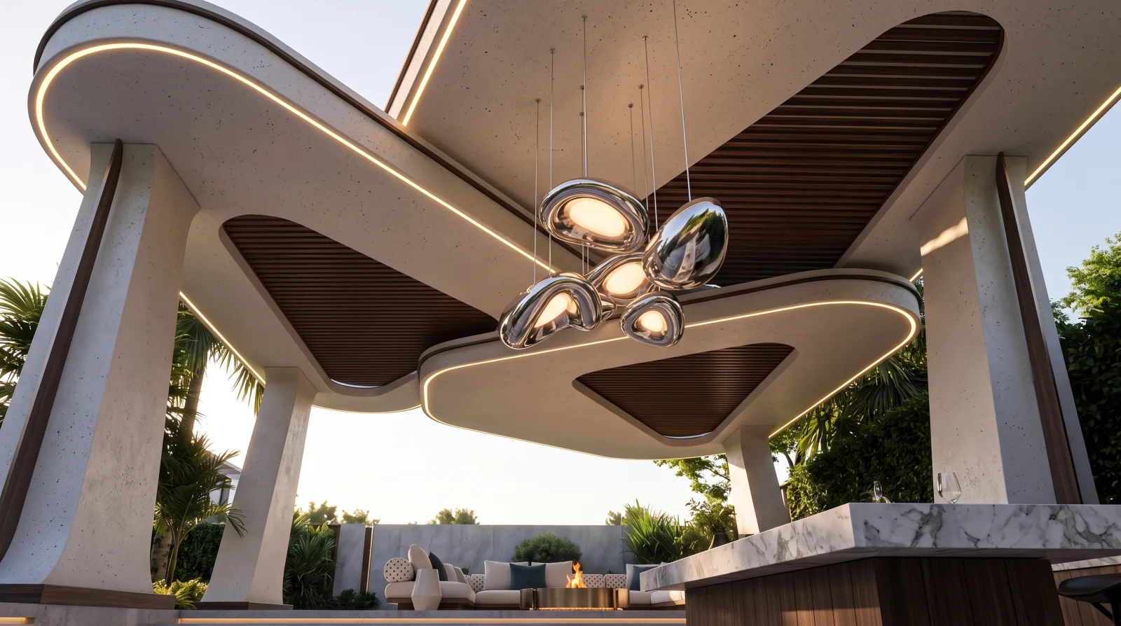 NIRVANA — roof petals layered at separate heights, chrome pendants hung between them