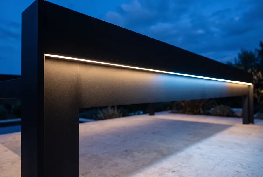 RGB LED light line in a pergola frame at dusk