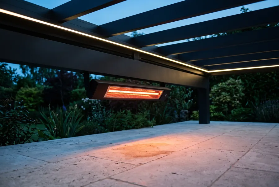 Infrared heater mounted under a pergola beam