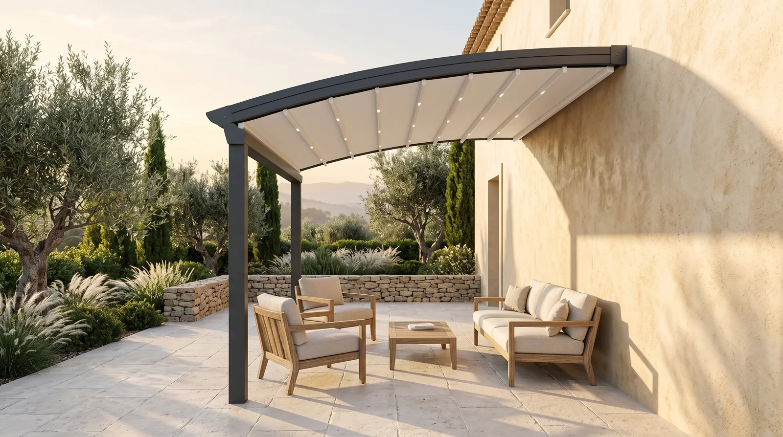 Wall-attached arched fabric pergola, the curved barrel roof closed tight and carried on posts at the outer edge