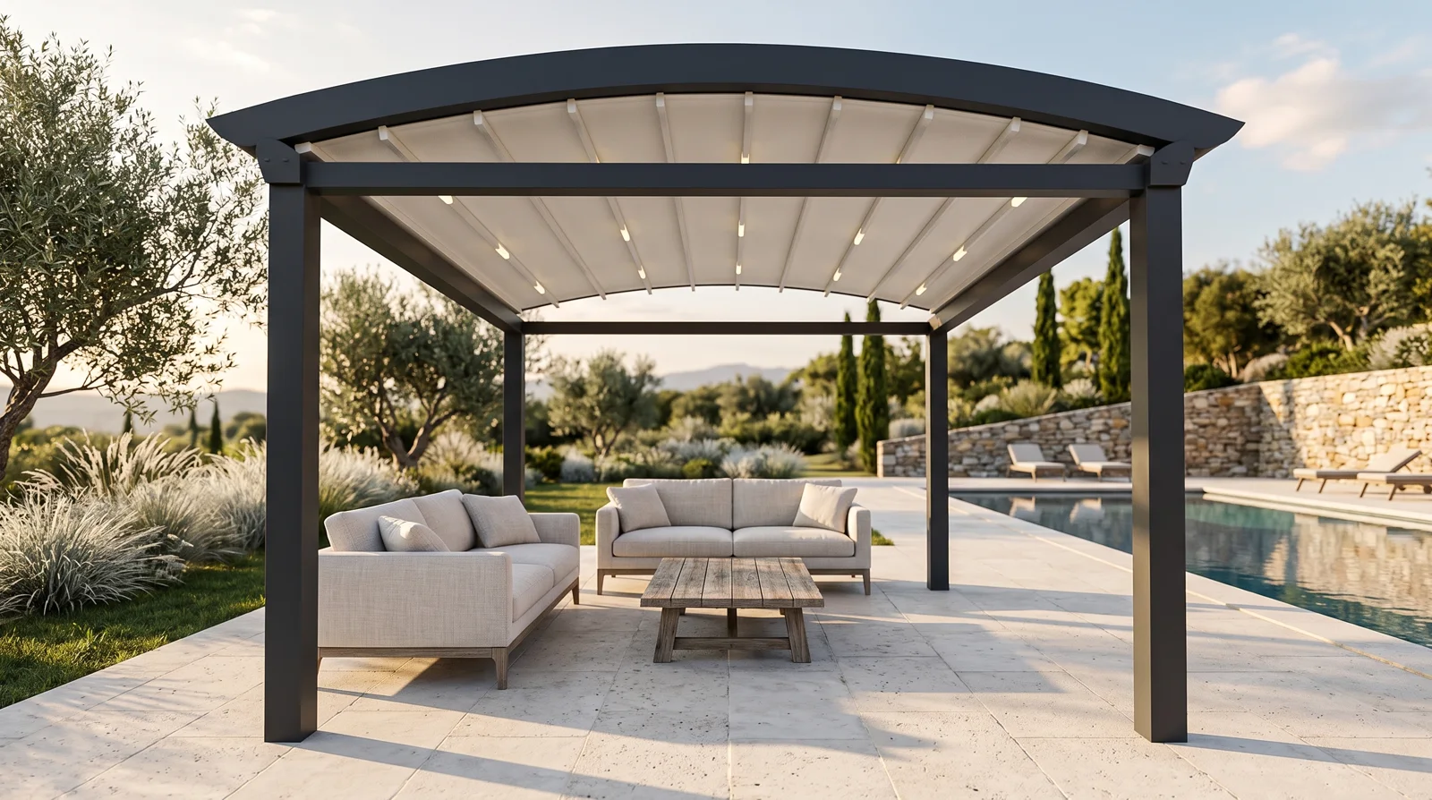 Free-standing arched fabric pergola on four posts, the curved roof closed tight over a poolside terrace