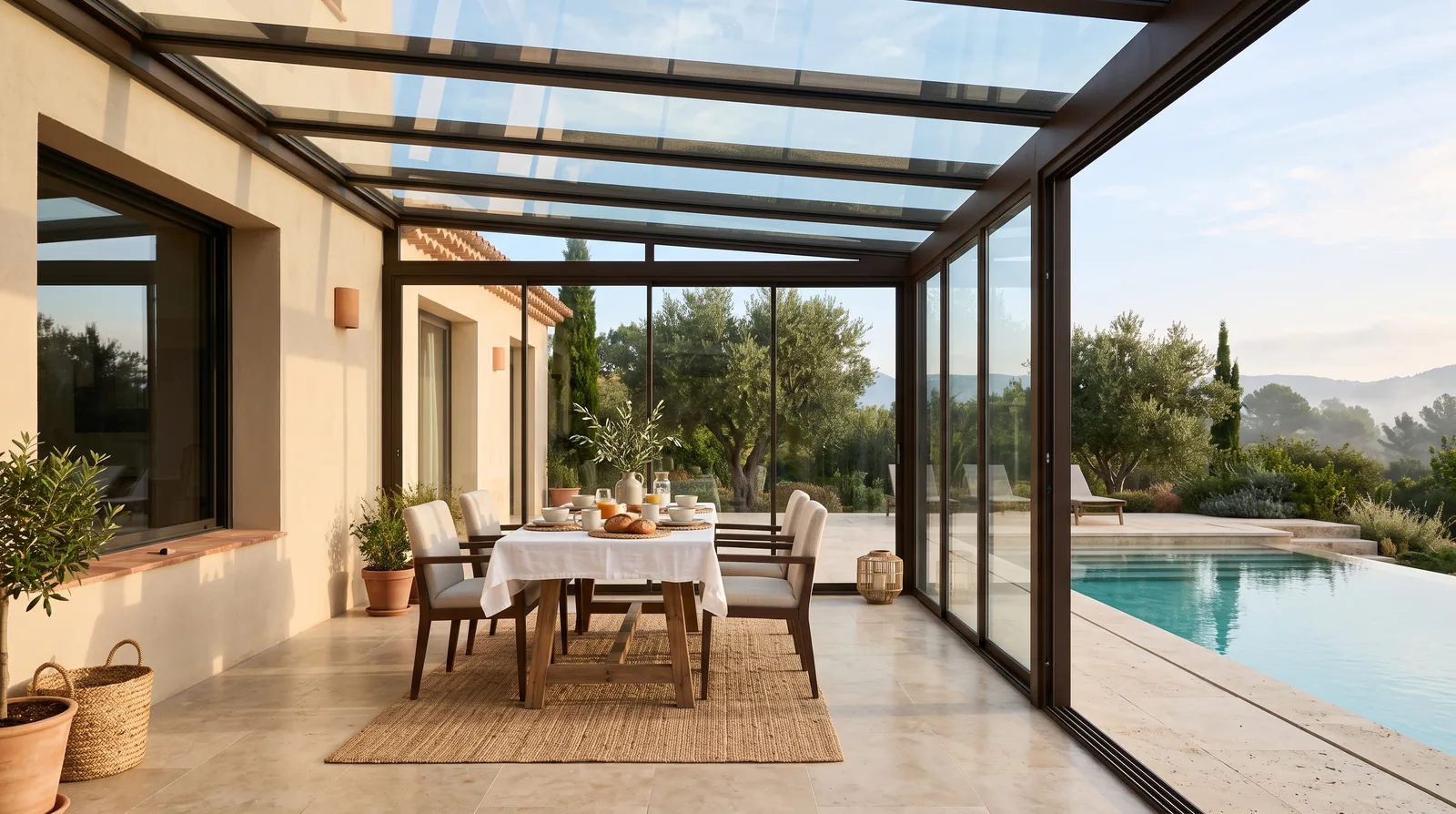 A glass-roof pergola closed into a sealed glass room by full-height glass walls, morning sky reading through the panes above a breakfast table