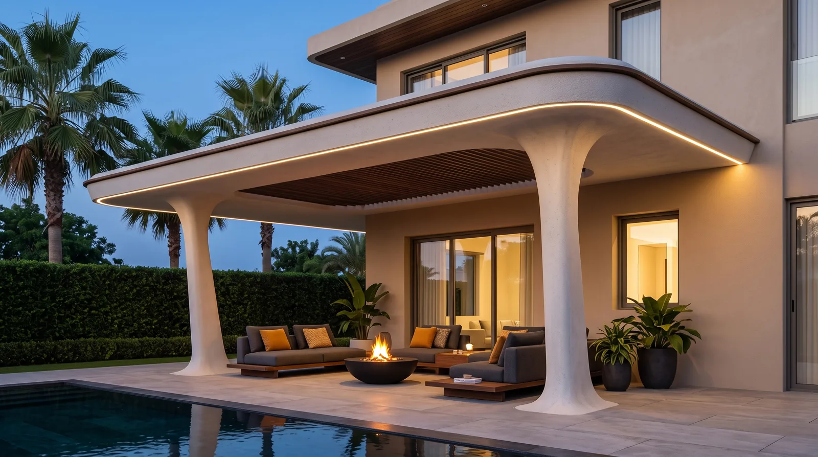 A sculptural white canopy growing straight out of a villa wall over a dusk fire-bowl lounge, lit rim glowing