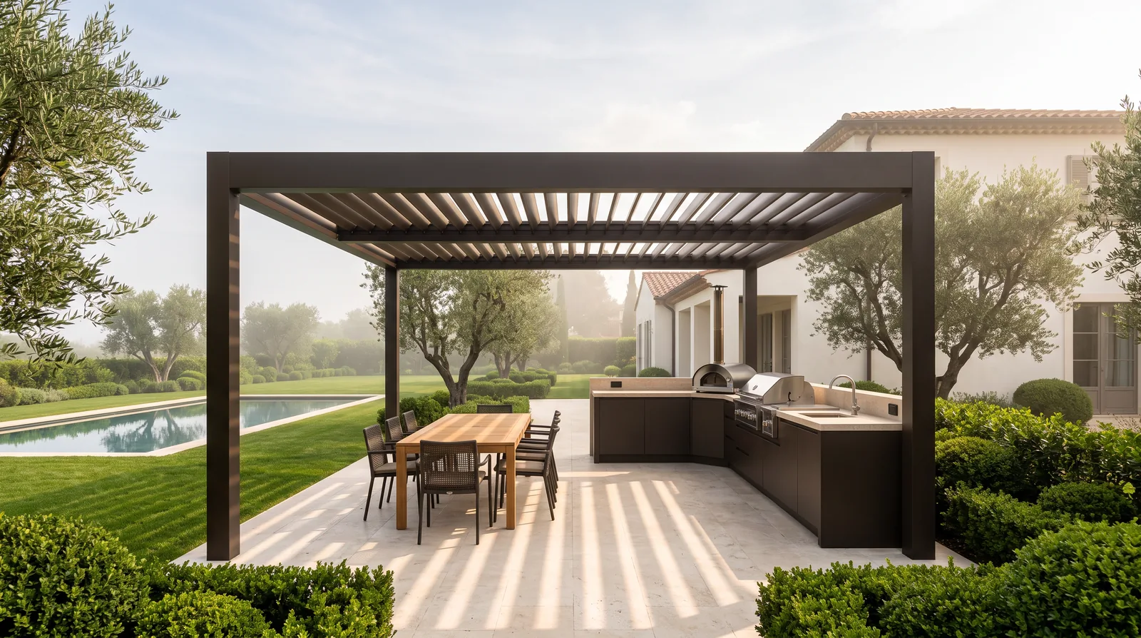 A free-standing louvered pergola on four posts over a garden outdoor kitchen and dining table, blades striping the paving