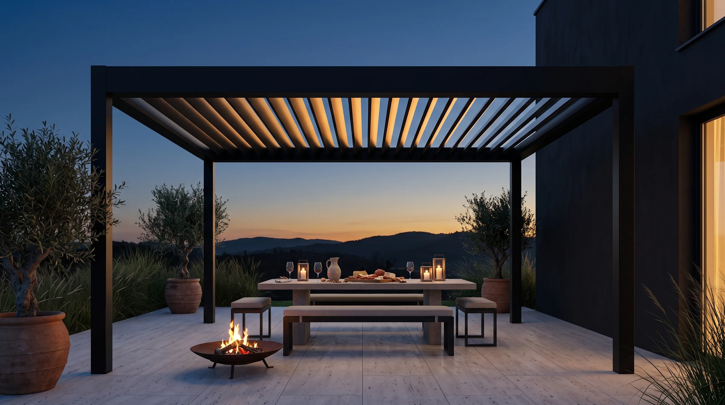 Louvered pergola at dusk, last light between the blades above a set stone table