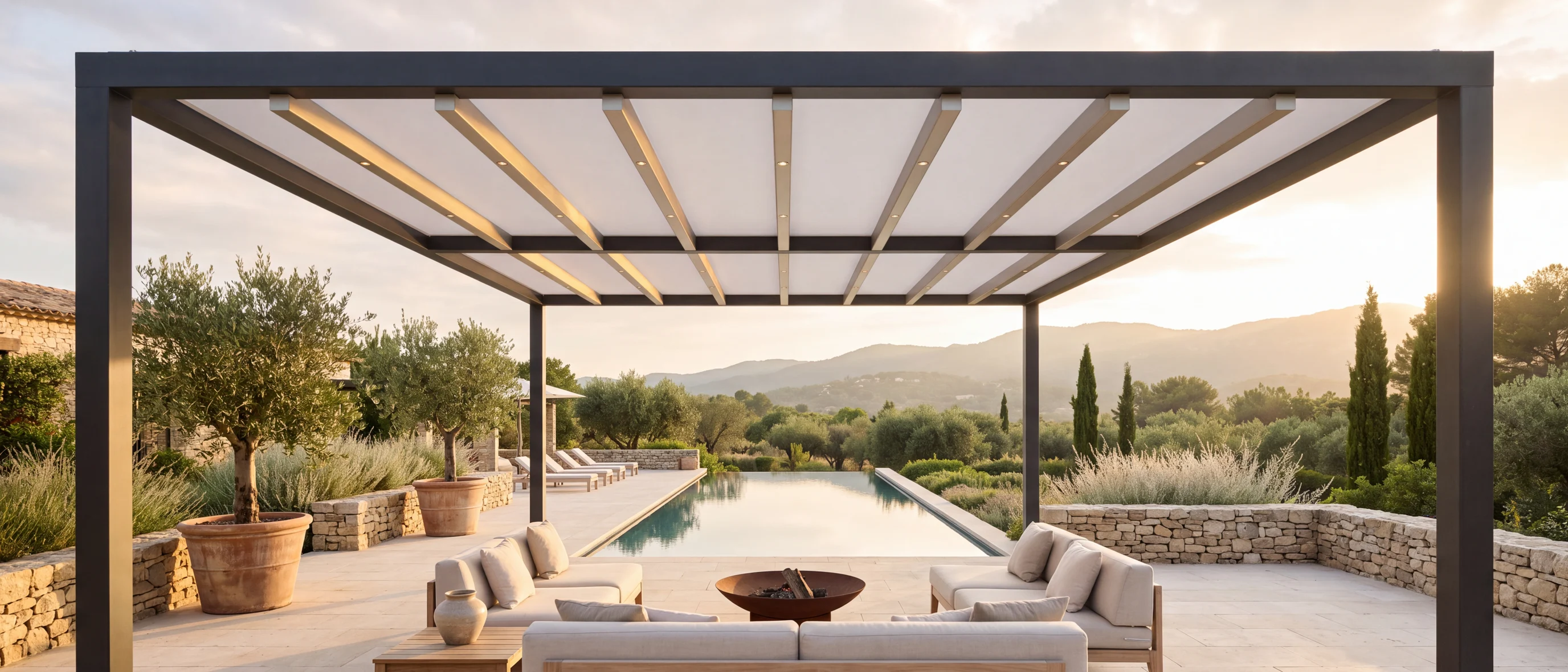 A retractable fabric roof closed over a poolside terrace at golden hour, flat tensioned panels between lit aluminium cross tubes