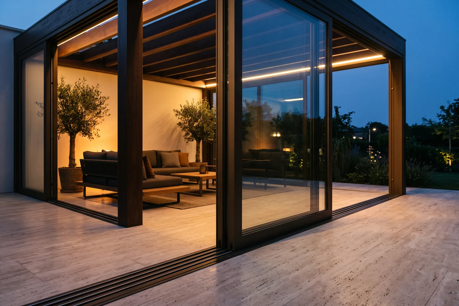 Sliding glass panels mid-travel across a pergola bay, one panel overlapping the next above a flush floor track