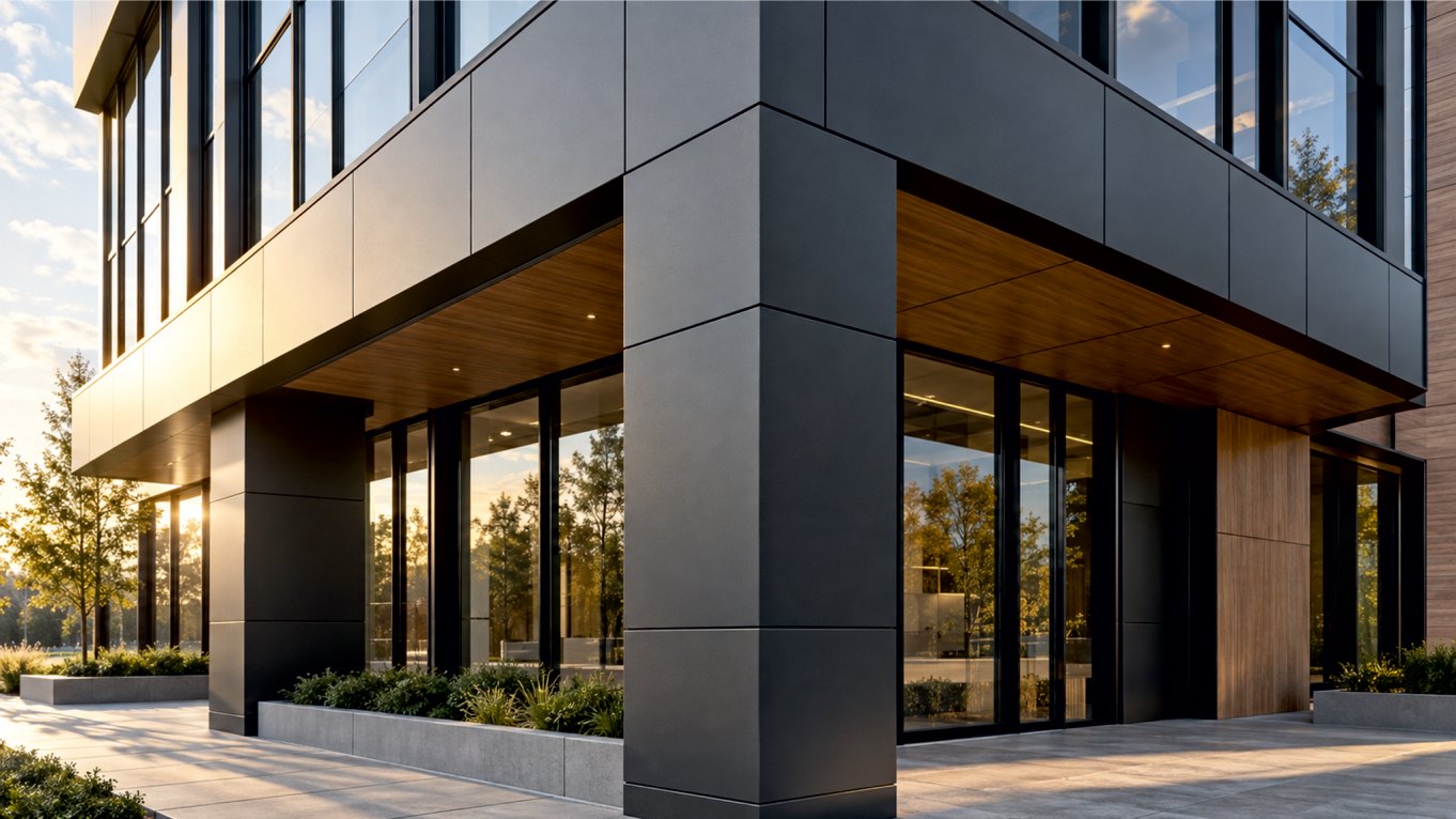 LATVERA Catalog, page 42: A close exterior view of a metal-clad commercial facade and glazed corner.