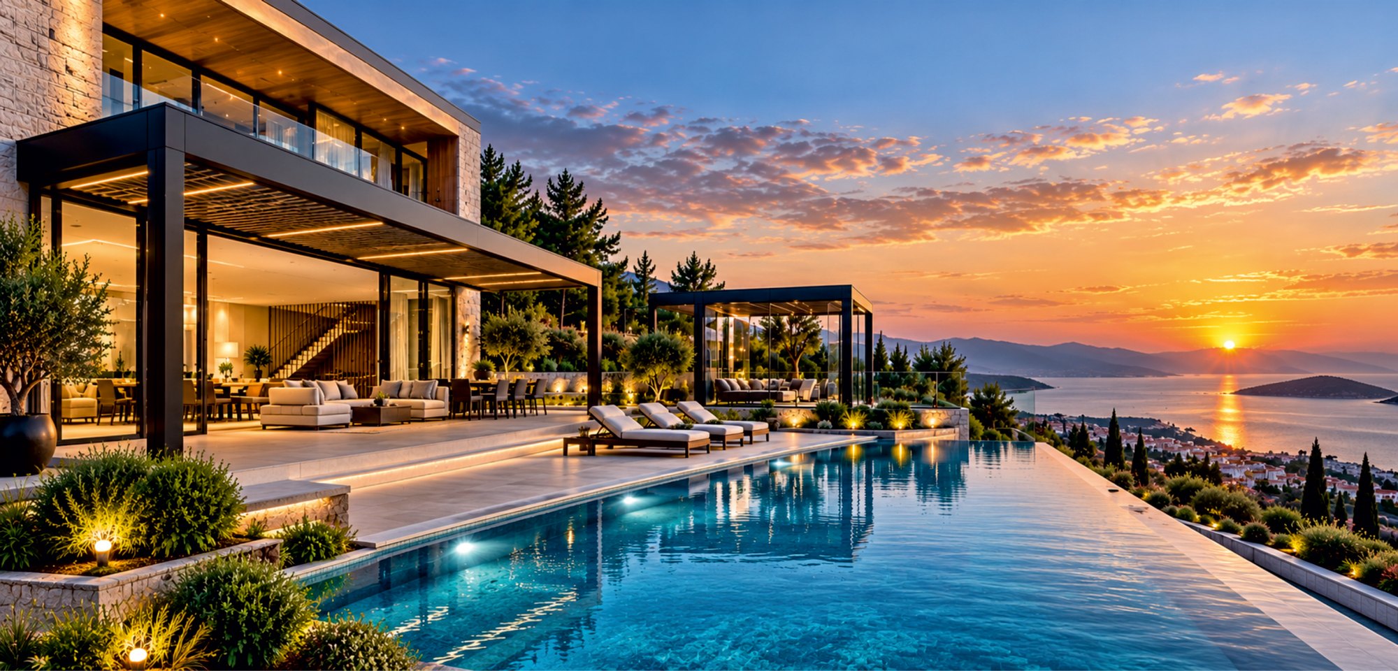 LATVERA Catalog, page 48: A villa, pavilion, and swimming pool overlooking the sea at sunset.