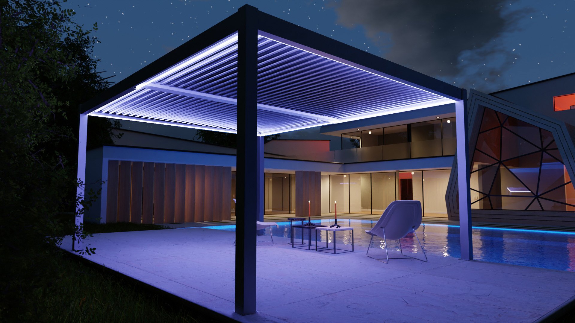 VENTO ECO: An illuminated freestanding pergola beside a swimming pool at night.