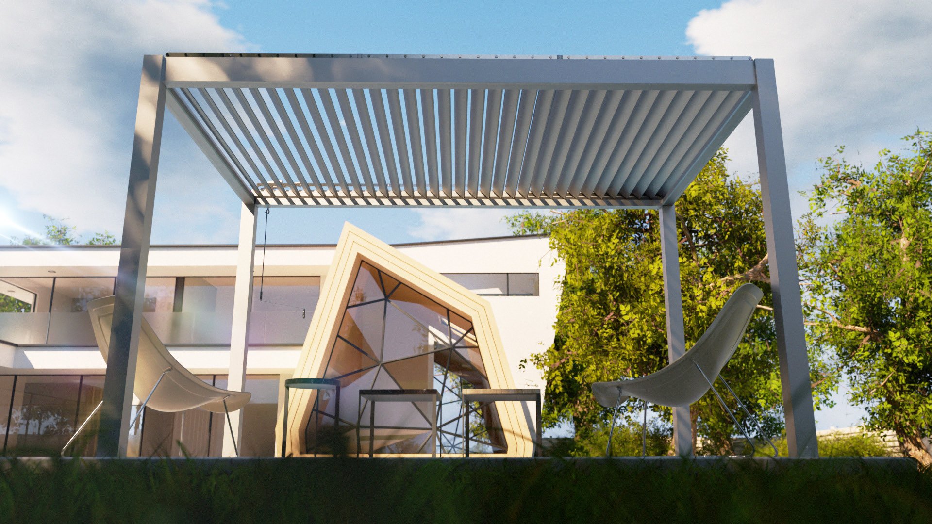 VENTO ECO: A low-angle view of an open-louver pergola beside a house.