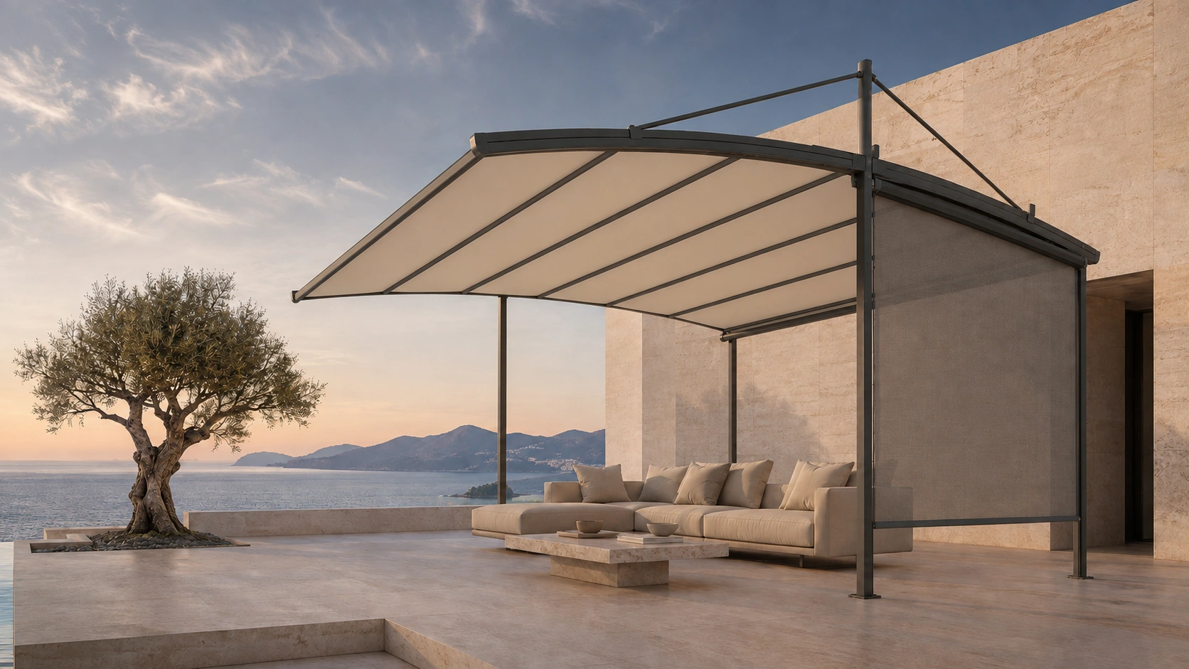 A taut TEXTURA canopy beside the coast in daylight