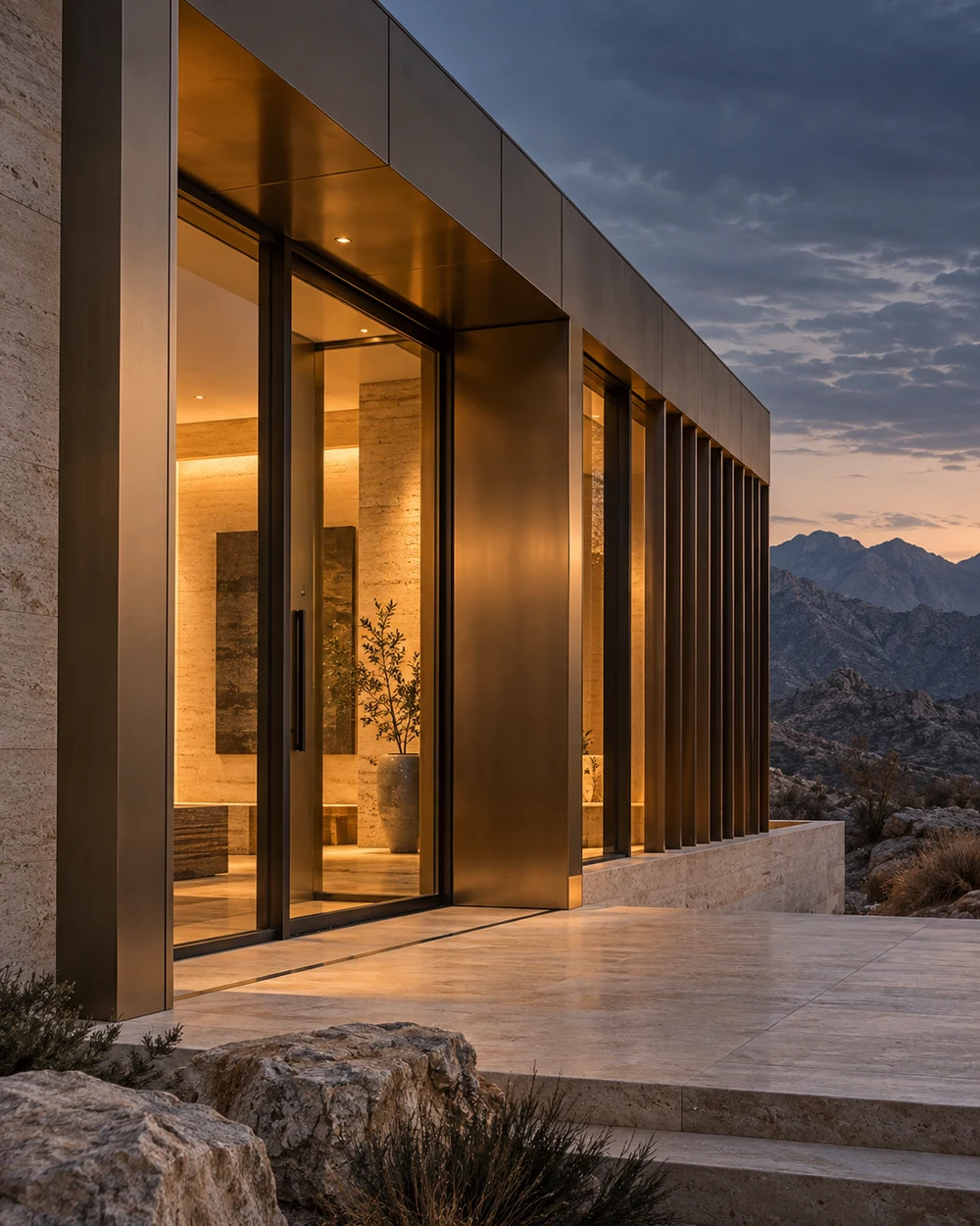 Architectural concept of a deep bronze metal opening and warmly illuminated glazed entrance