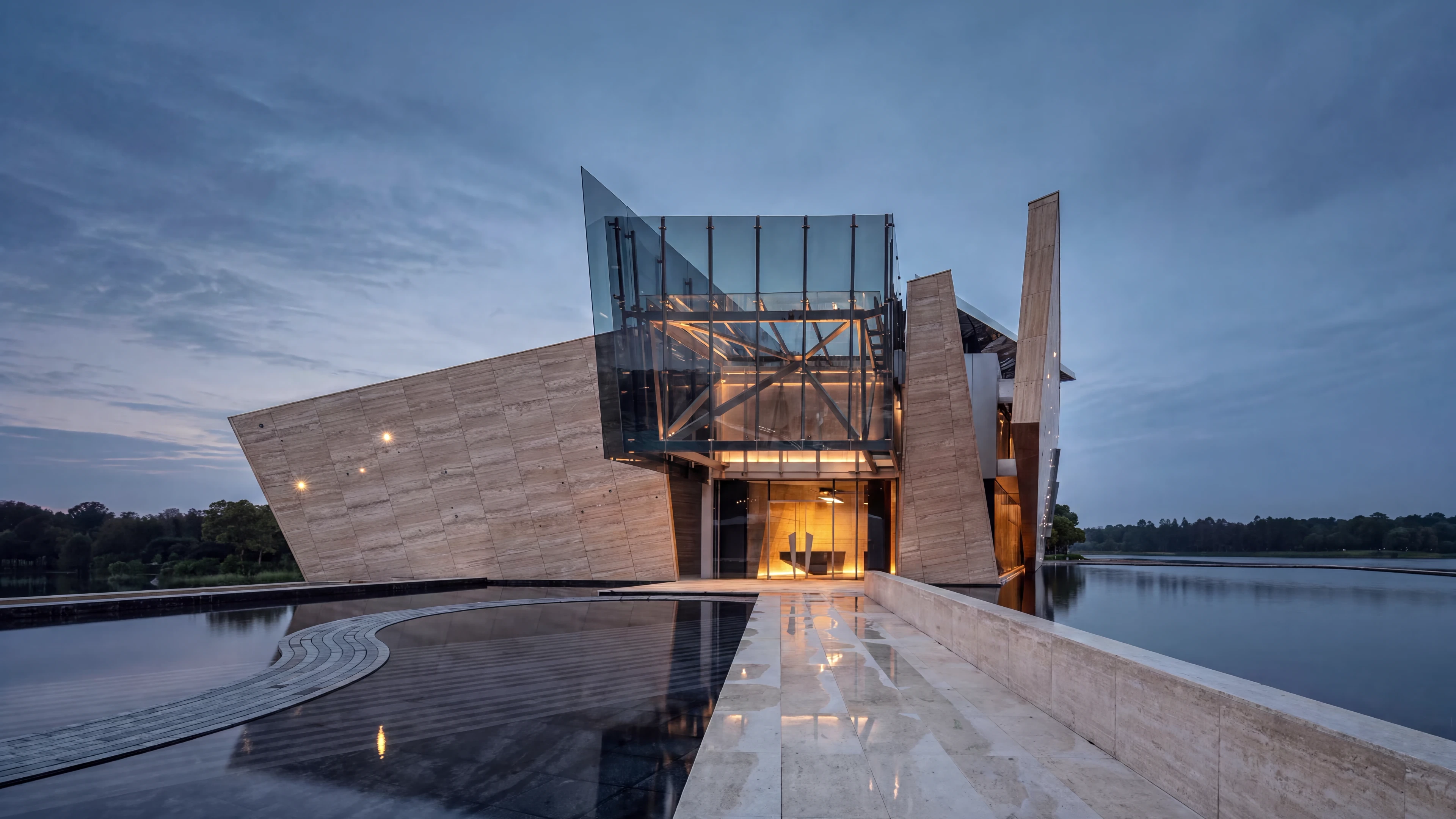 CONTOUR architectural concept visualization at dusk, with a glass projection framed by two stone planes