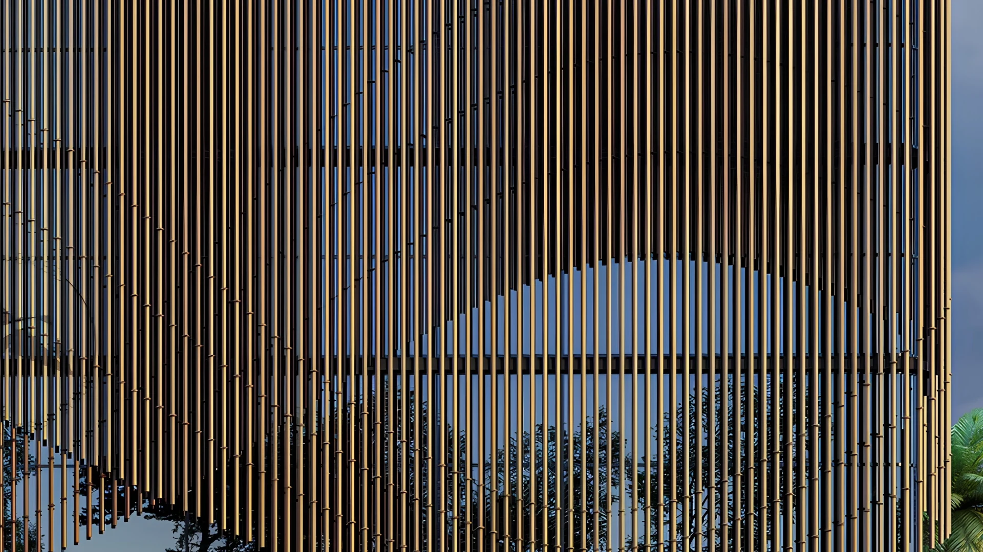 Supplied architectural reference. Closely spaced bronze-toned vertical fins form a screen over a glazed facade.