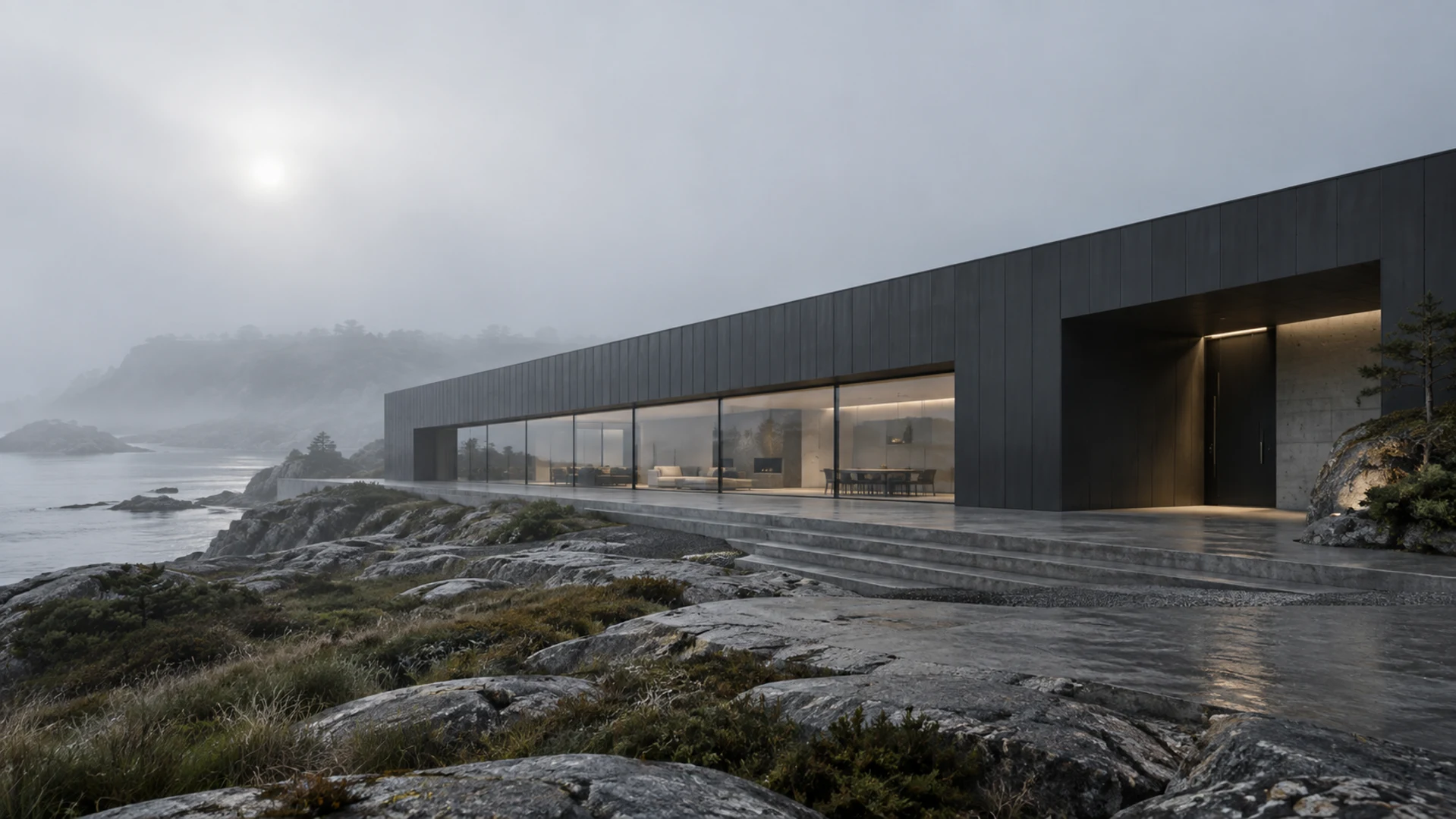 CONTOUR visual study. A dark panel-clad coastal residence frames a glazed living room and a lit entrance above a rocky shoreline.