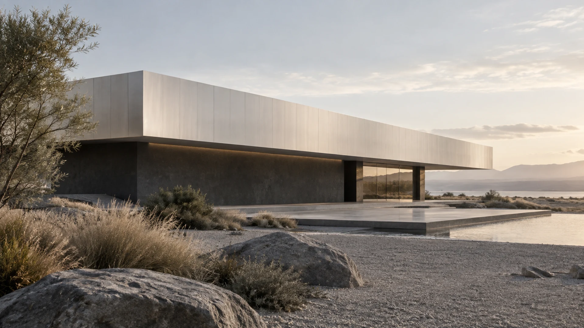 CONTOUR visual study. A long silver panel volume follows a gentle ribbon-like curve above a dark base beside a reflective pool.