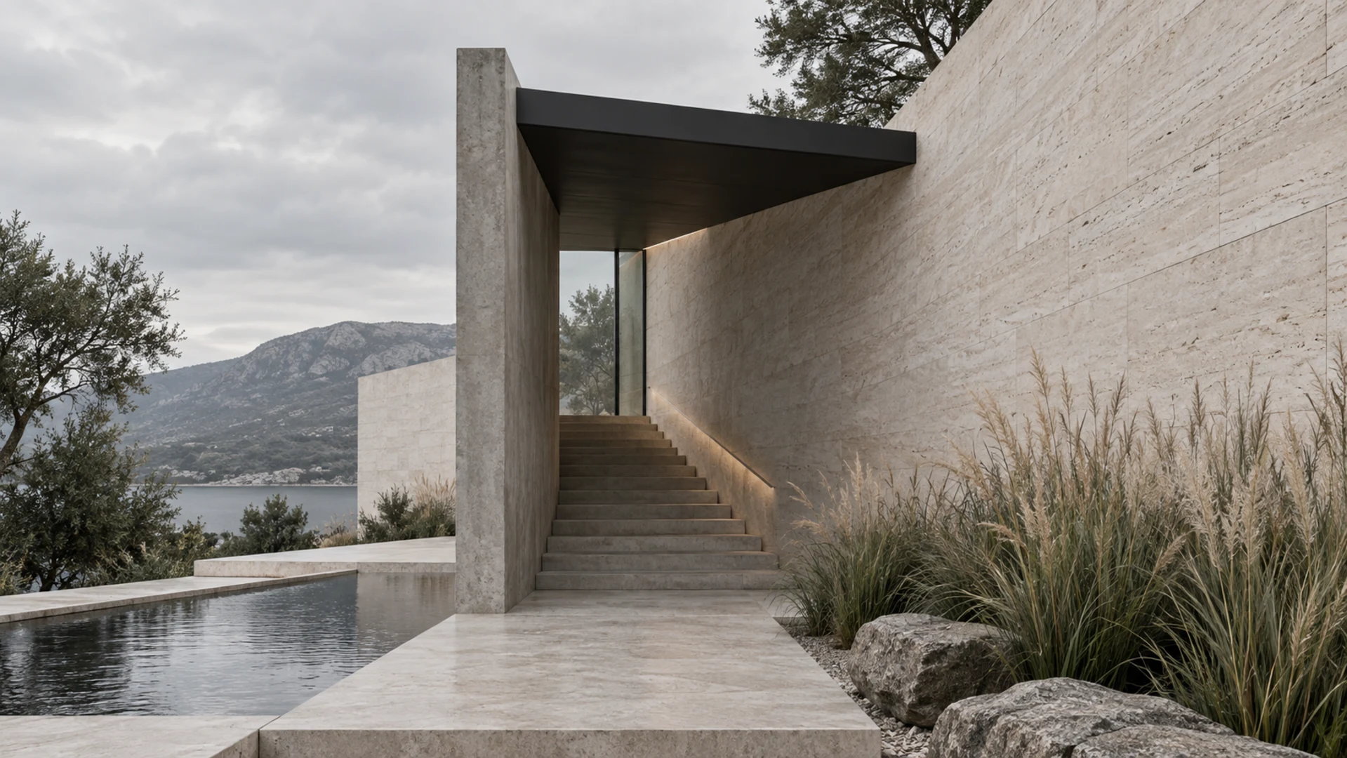 CONTOUR visual study. A dark projecting canopy marks a stone stair beside a pool, with a glass return and mountain landscape beyond.