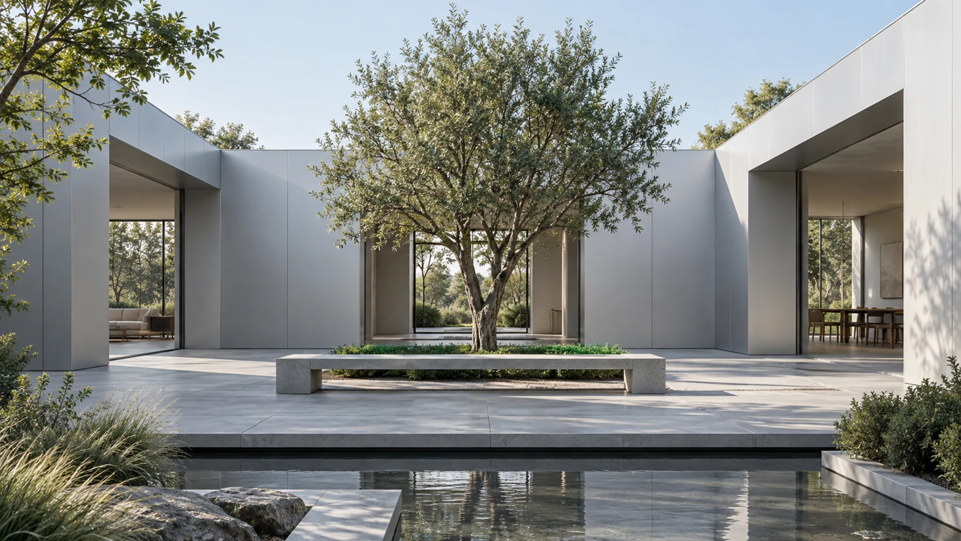 CONTOUR visual study. A quiet white panel courtyard wraps around a planted tree, with a bench, water and deep glazed openings.