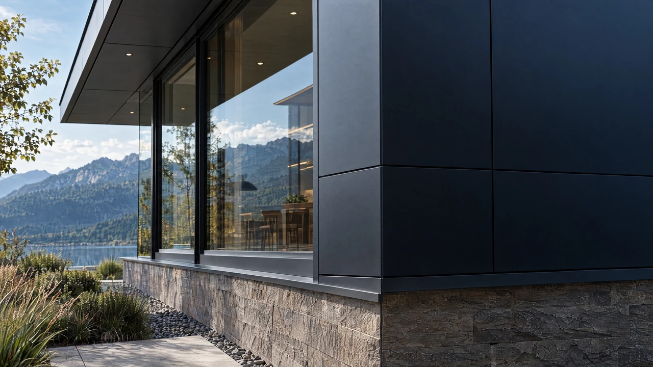 CONTOUR architectural visualization — corner reveal. Flat routed-return panels, precise narrow reveal, folded closure and stone base.