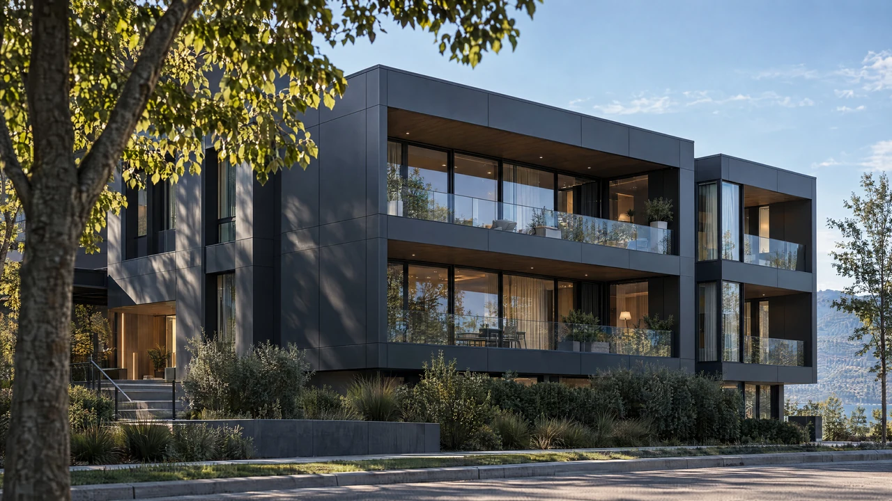 CONTOUR architectural visualization — residential depth. Panel facade with deeply recessed balconies and glazing, regular disciplined joint grid.