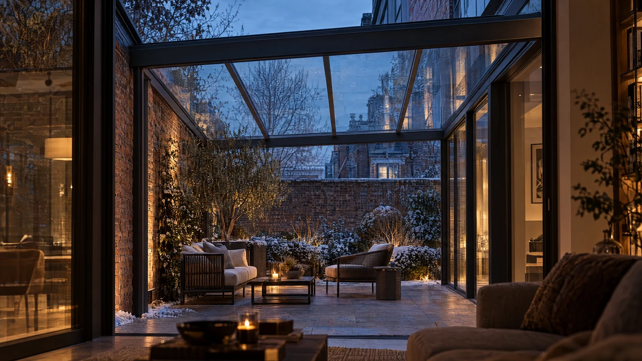 LUMINA architectural visualization — city winter garden. Glazed courtyard between an old brick wall and a contemporary black-framed facade.