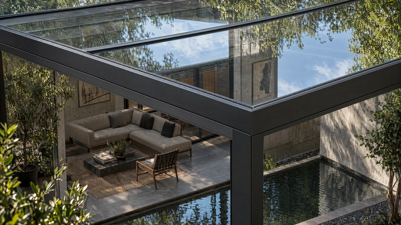 LUMINA architectural visualization — floating reflections. Supported low-pitch glass roof in a secluded concrete atrium with a still water strip.
