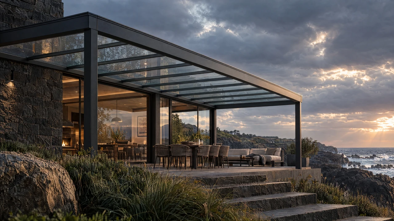 LUMINA architectural visualization — glass and basalt. Supported glass roof extends a dark basalt residence toward a rugged coast.