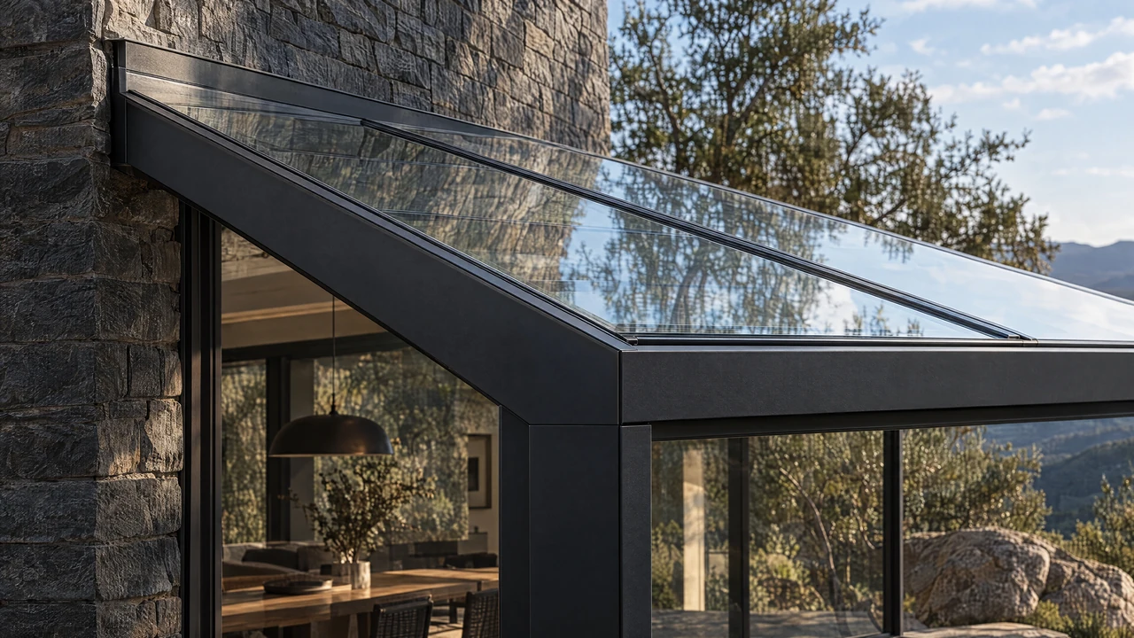 LUMINA architectural visualization — ledger and drainage. Facade connection, glazing support and finished front junction shown coherently.