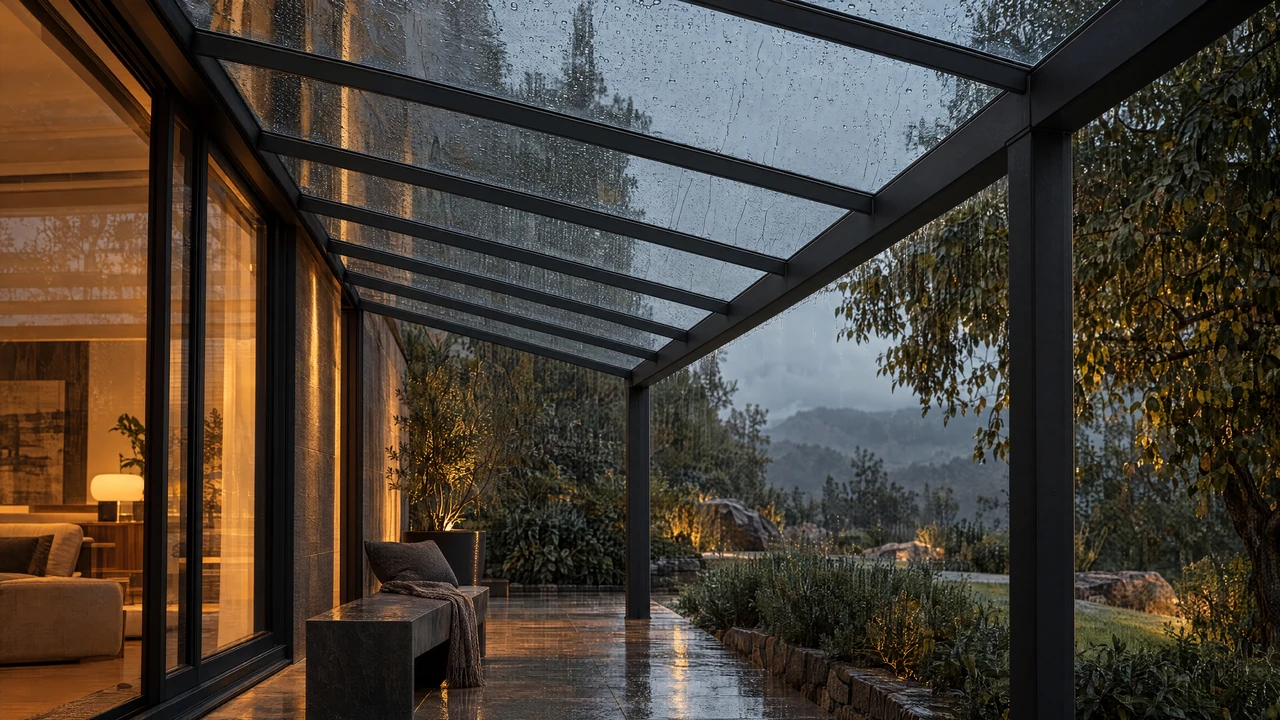 LUMINA architectural visualization — rain threshold. Transparent pitched roof shelters a narrow sculptural bench beside a lit room.