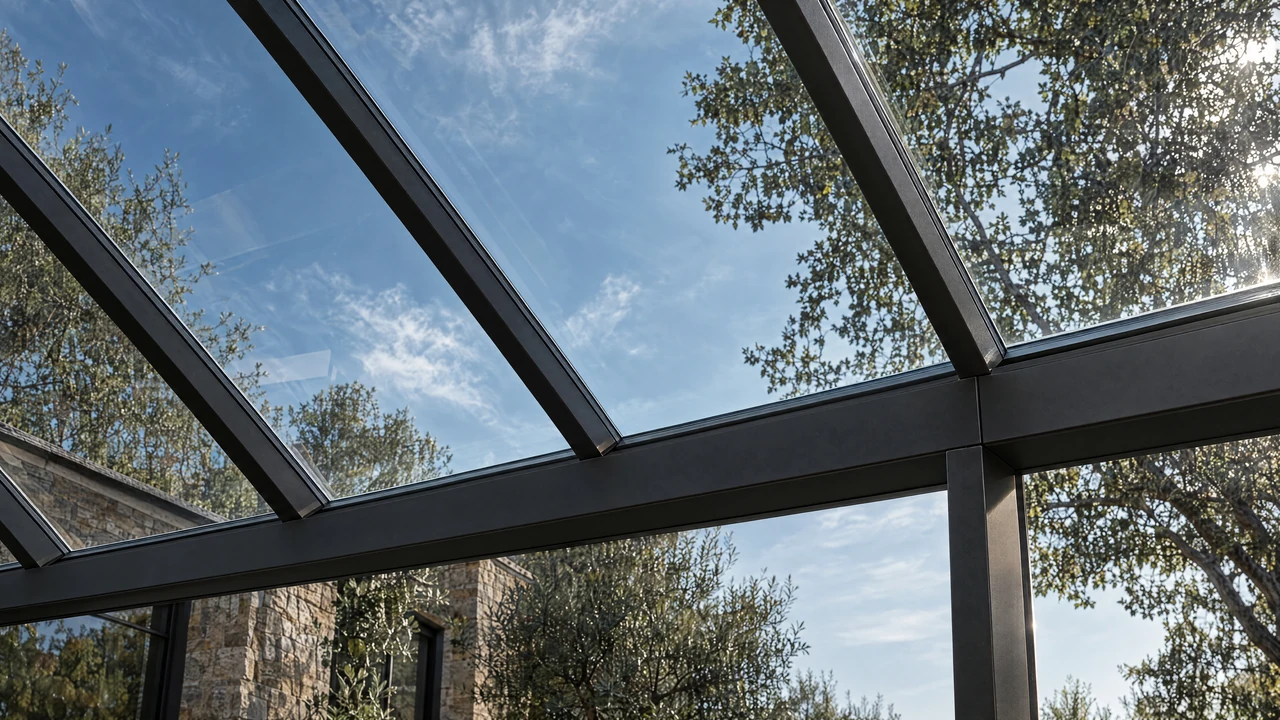 LUMINA architectural visualization — sky aperture. Precisely supported glass planes and rafters frame a strip of open sky.