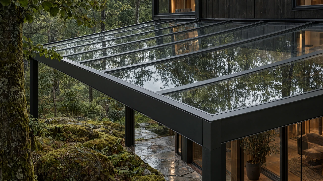 LUMINA architectural visualization — tree canopy reflection. Glass roof under mature woodland canopy, dark timber house and mossy floor edge.
