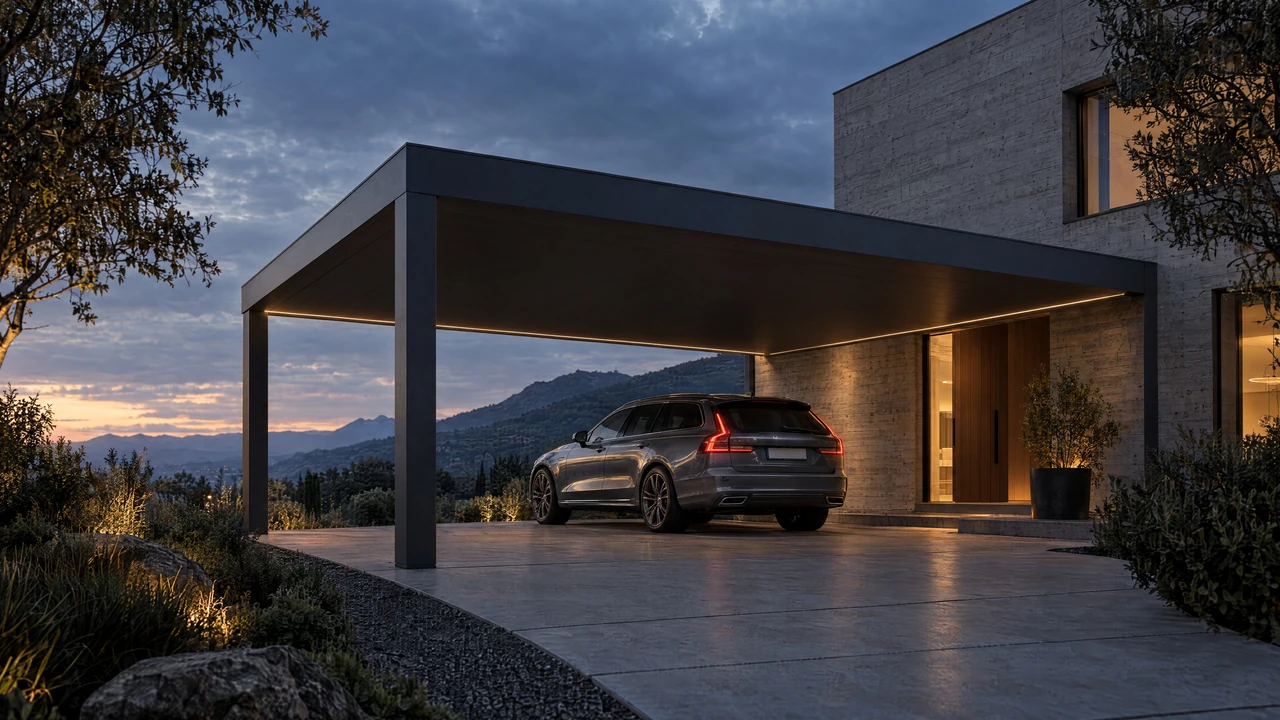 VELOX architectural visualization — arrival in the hills. Dark carport resolves entry to a bold board-formed-concrete house, one understated wagon.