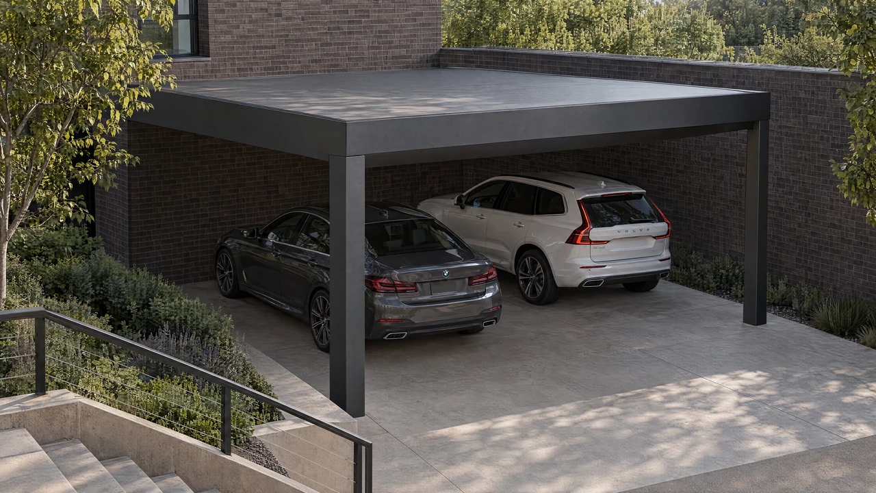 VELOX architectural visualization — urban two-bay. Coherent two-bay shelter against a tall brick perimeter with narrow landscaped circulation.