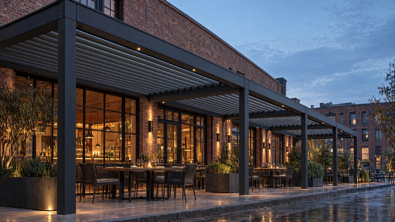 VENTO architectural visualization of a warmly lit dining terrace beneath repeating louvered roof modules at blue hour.
