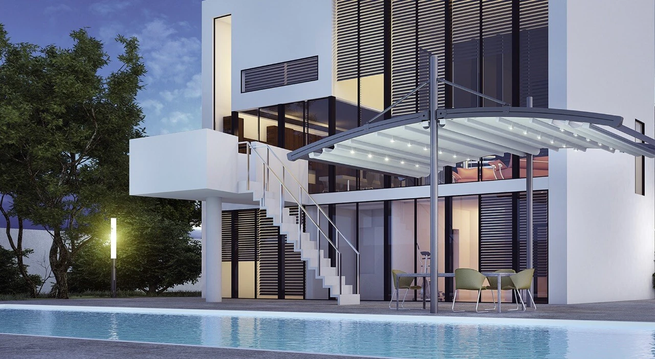 Catalog illustration of a suspended fabric canopy outside a multi-storey house beside a pool.