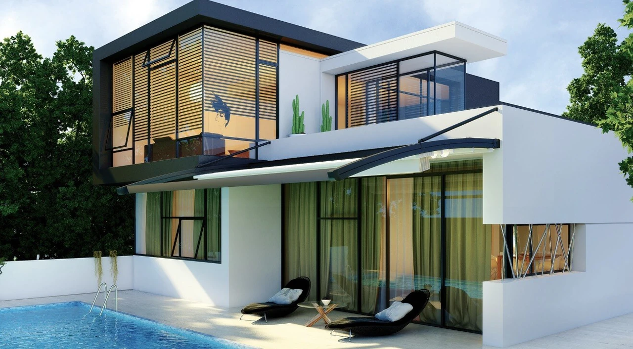 Catalog illustration of a fabric canopy sheltering a poolside terrace below a two-storey villa.