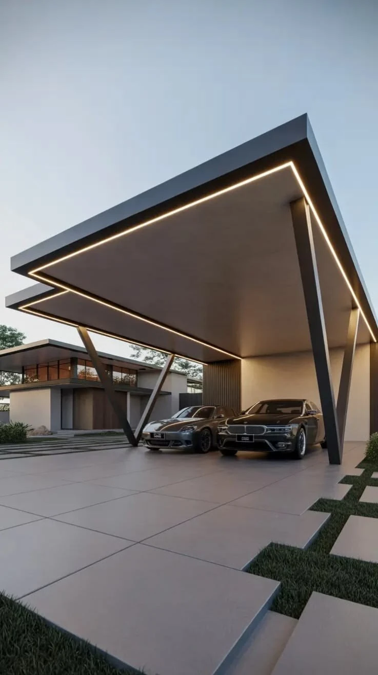 Supplied catalog reference of a broad solid carport roof with an inset edge light, angled supports and two parked cars.