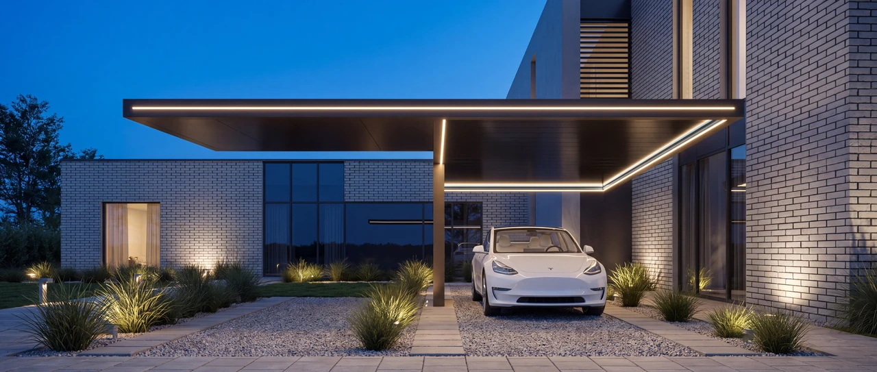 Architectural concept visualization of a solid carport roof with a continuous inset light line beside a brick elevation.