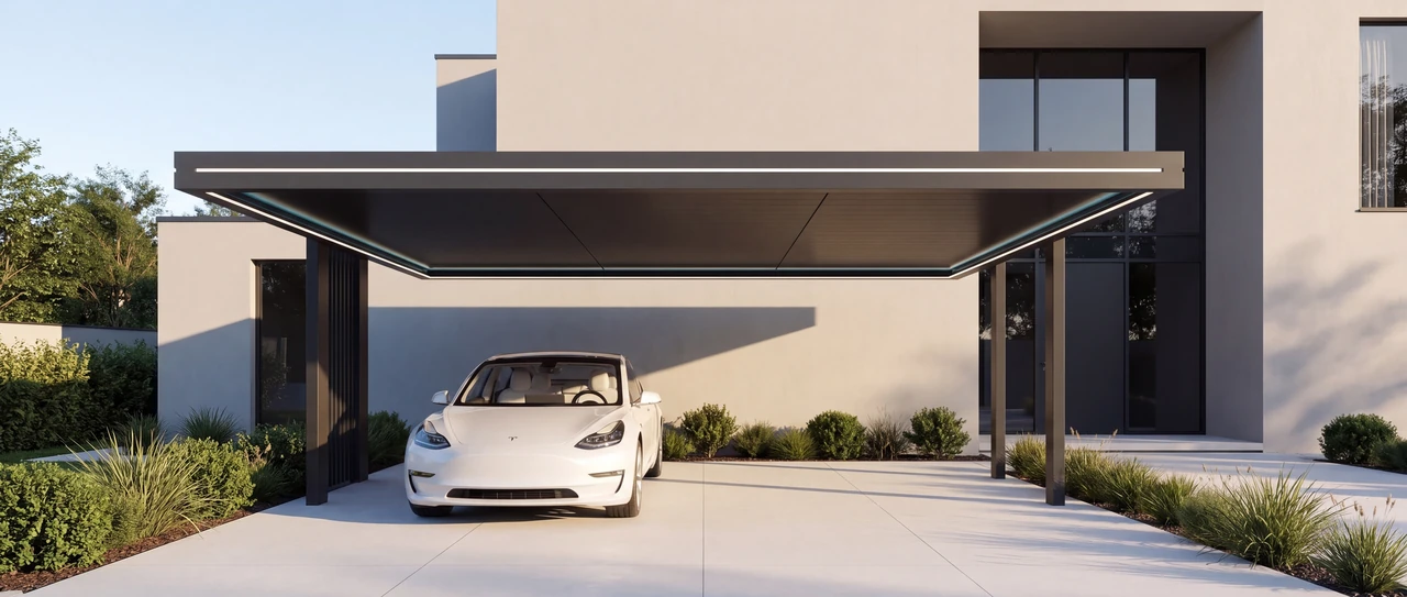 Architectural concept visualization of a broad solid-roof carport above a white car, viewed directly from the front.