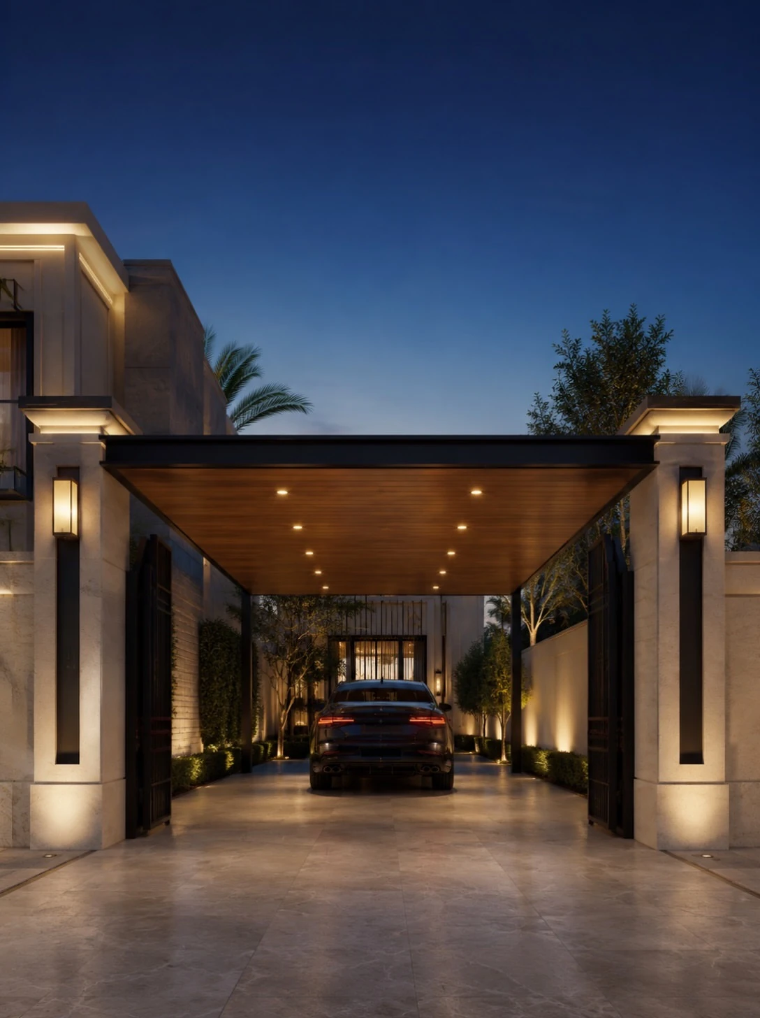Supplied catalog reference of a parked car beneath a solid canopy with a timber soffit and recessed lights.