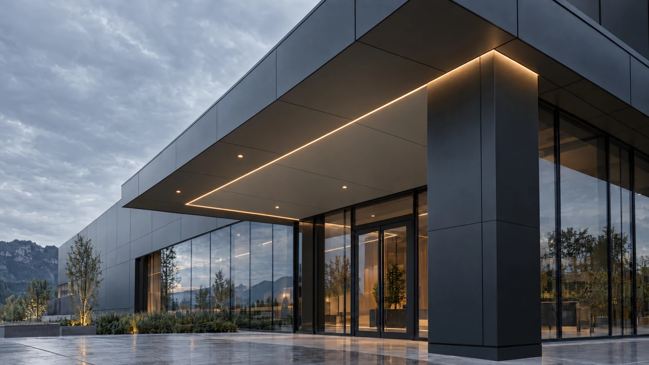 CONTOUR architectural visualization. A panel-clad architectural canopy with aligned exterior reveals and a smooth neutral inset soffit.