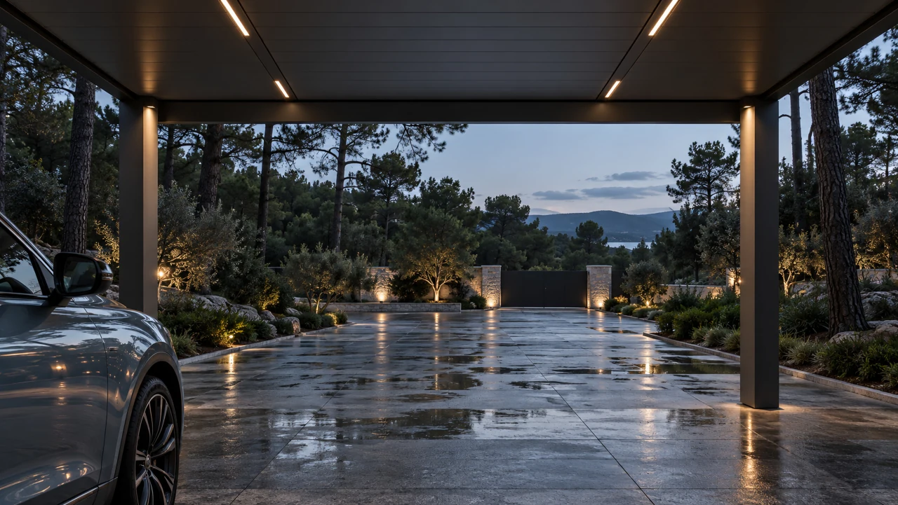 VELOX architectural visualization. View beneath a solid-roof carport toward a pine-lined arrival court, with aligned front supports and orderly ceiling panels.
