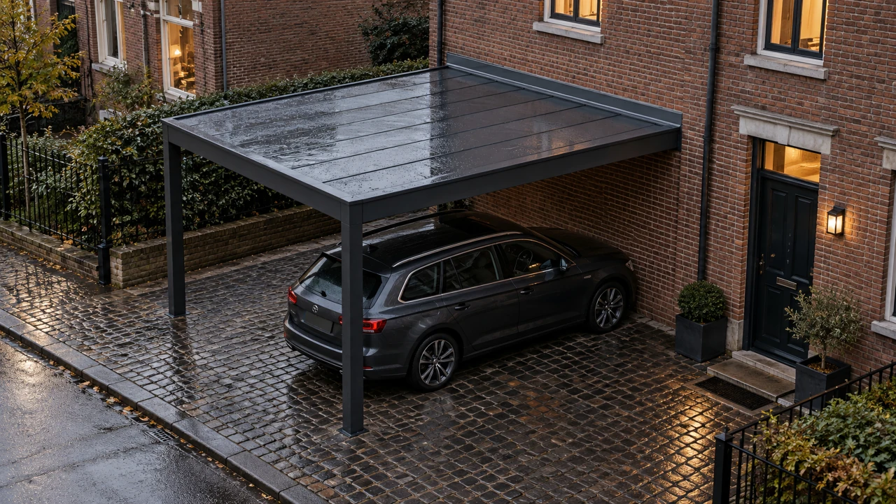 VELOX architectural visualization. Elevated view of a carport with two outer supports and a continuous roof flashing against a brick wall.