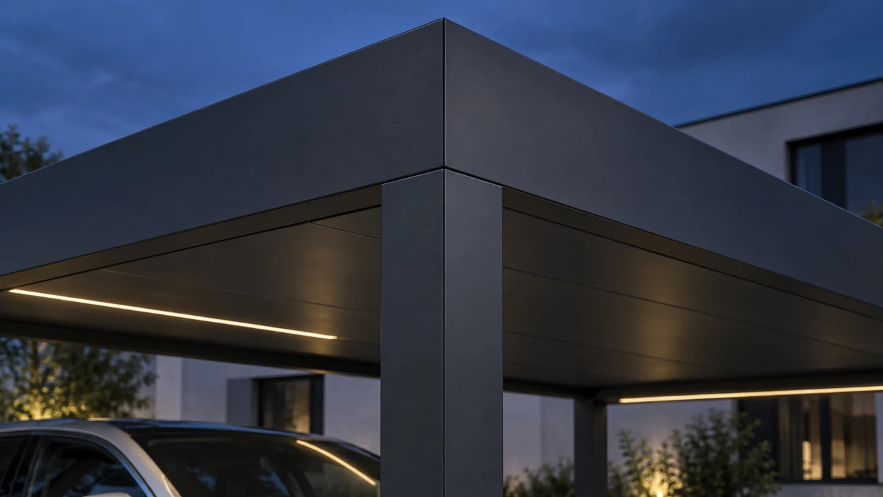 VELOX architectural visualization. A close evening study of a finished carport roof edge, opaque soffit and aligned supporting column.