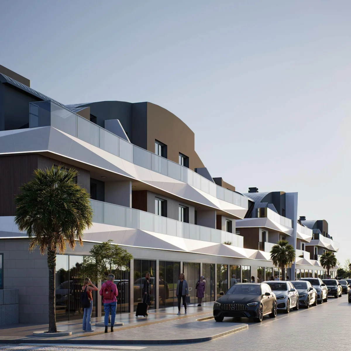 Street view of a residential facade with white faceted balcony edges and glazed ground-floor frontage.