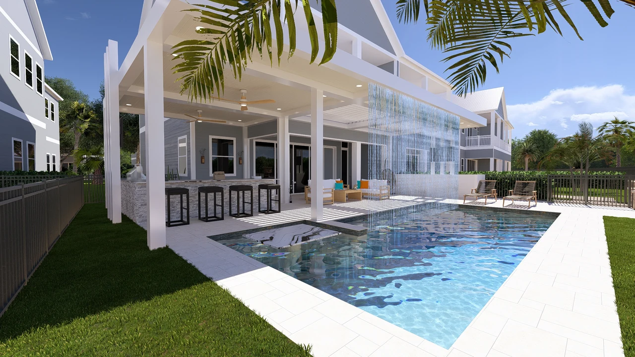 White poolside terrace viewed across the pool, showing the bar, lounge and falling water curtain.