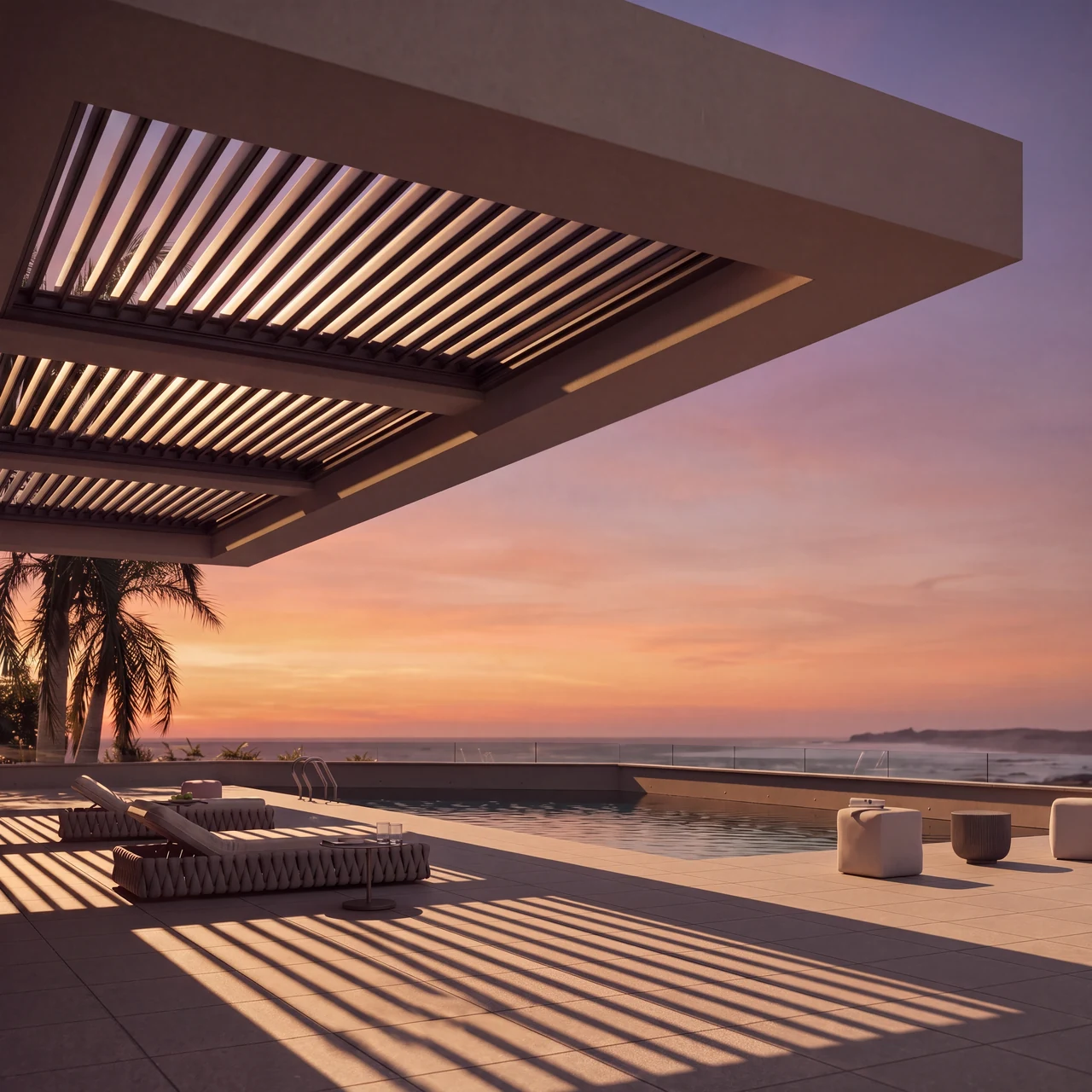 Architectural concept with open louvers casting striped shadows across a poolside terrace at sunset.