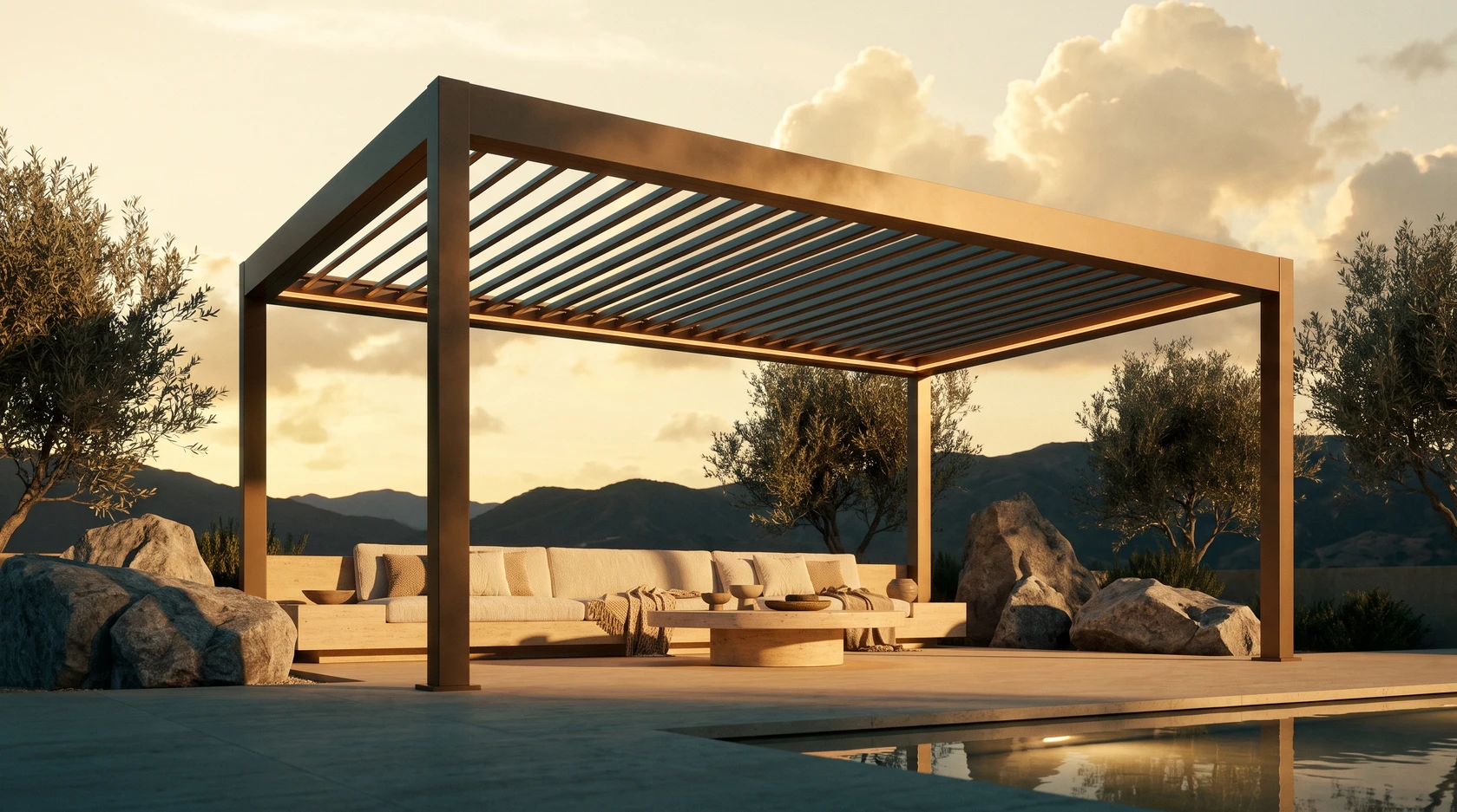 VENTO pavilion with open, straight aluminum louvers in golden light