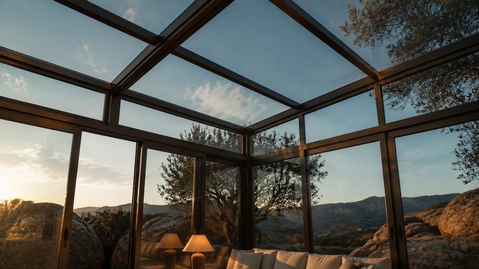 Cinematic interior view beneath clear LUMINA glass and bronze supporting profiles